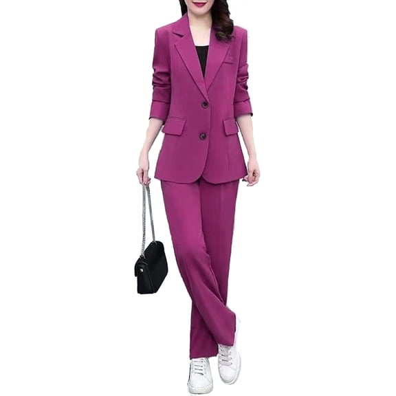 Quixlent 2 Pcs/Set Women Coat Pants Suit Formal Business Style Lapel Button Closure Cardigan Long Sleeve Straight Wide Leg Plus Size Commute Jacket Trousers Set