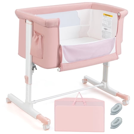 Babyjoy 3-in-1 Baby Bassinet Beside Sleeper Crib with 5-Level Adjustable Heights Pink