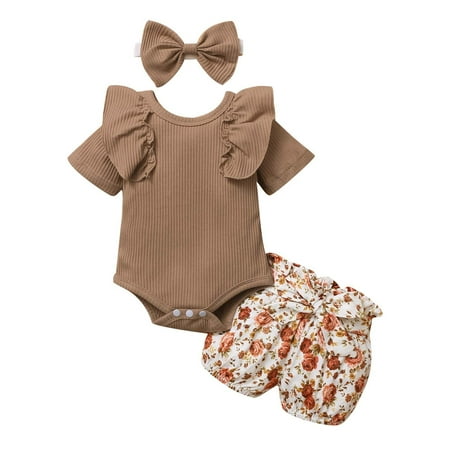 

Pejock Newborn Toddler Infant Baby Girls Clothes Romper Shorts Set Matching Outfits Short Sleeve suit Floral Shorts Bow Headband Sister Clothes for 6-12Months