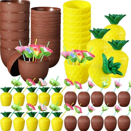 60 Pcs Tropical Pineapple Coconut Cups Plastic Hawaii Drink Cups with 60 Lids and Flower Straws Hawaiian Luau Bachelorette Party Supplies Beach Party Decorations for Kids Adults Favors