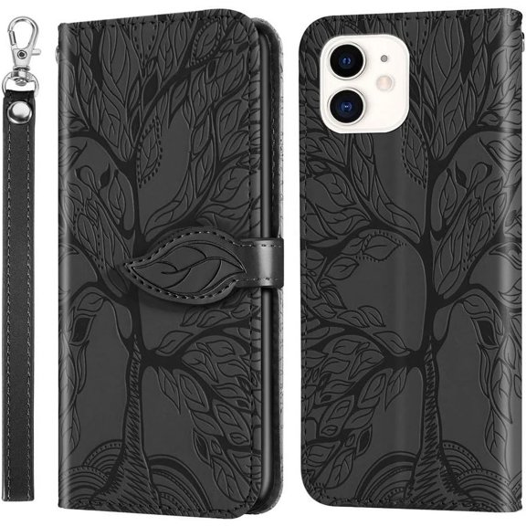 Compatible with iPhone 11 Wallet Case Women Leather Flip with Wrist Strap Kickstand Magnetic Shockproof with Card Holder Protective Case for iPhone 11 6.1 inch Life Tree Black