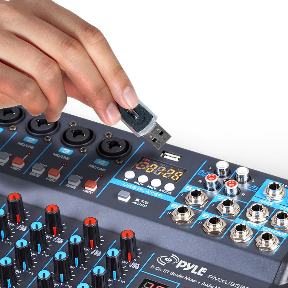 Pyle Professional Audio Mixer Sound Board Console Desk System Interface 8 Channel Digital USB Bluetooth MP3 Computer Input 48V Phantom Power Stereo DJ Studio FX 16Bit DSP Processor PMXU83BT, Black