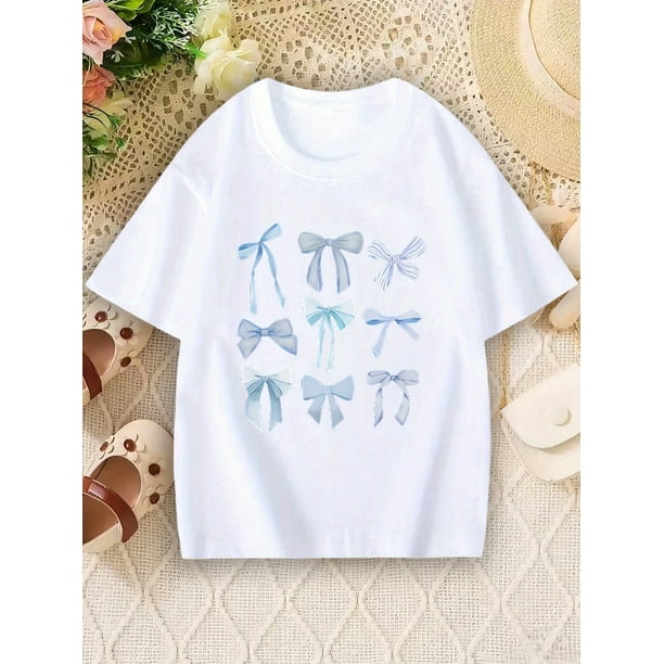 Girls' Casual Short Sleeve Round Neck T-Shirt - Summer White Top with Blue Bow Print, Breathable Knit Fabric for Everyday Play & Outings, Shirts for Girls, Comfortable Fit Shirt
