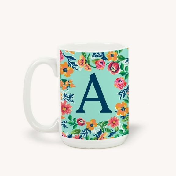 Personalization Mall Flowery Initial Coffee Mug, 15 Oz., Blue Aqua, A