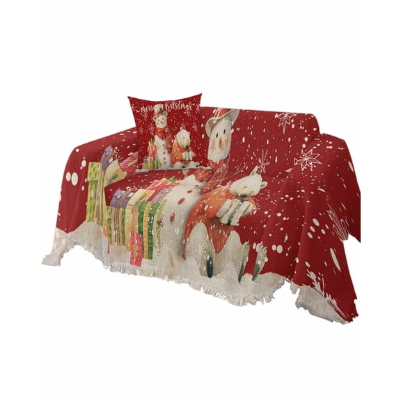 Red Christmas Sofa Couch Covers for Dogs, Washable Sofa Throw Cover Single Slipcovers for Armchair with Tassels, Xmas Snowman Bear Snowflake Couch Protector Towel Blanket M 71''x91''