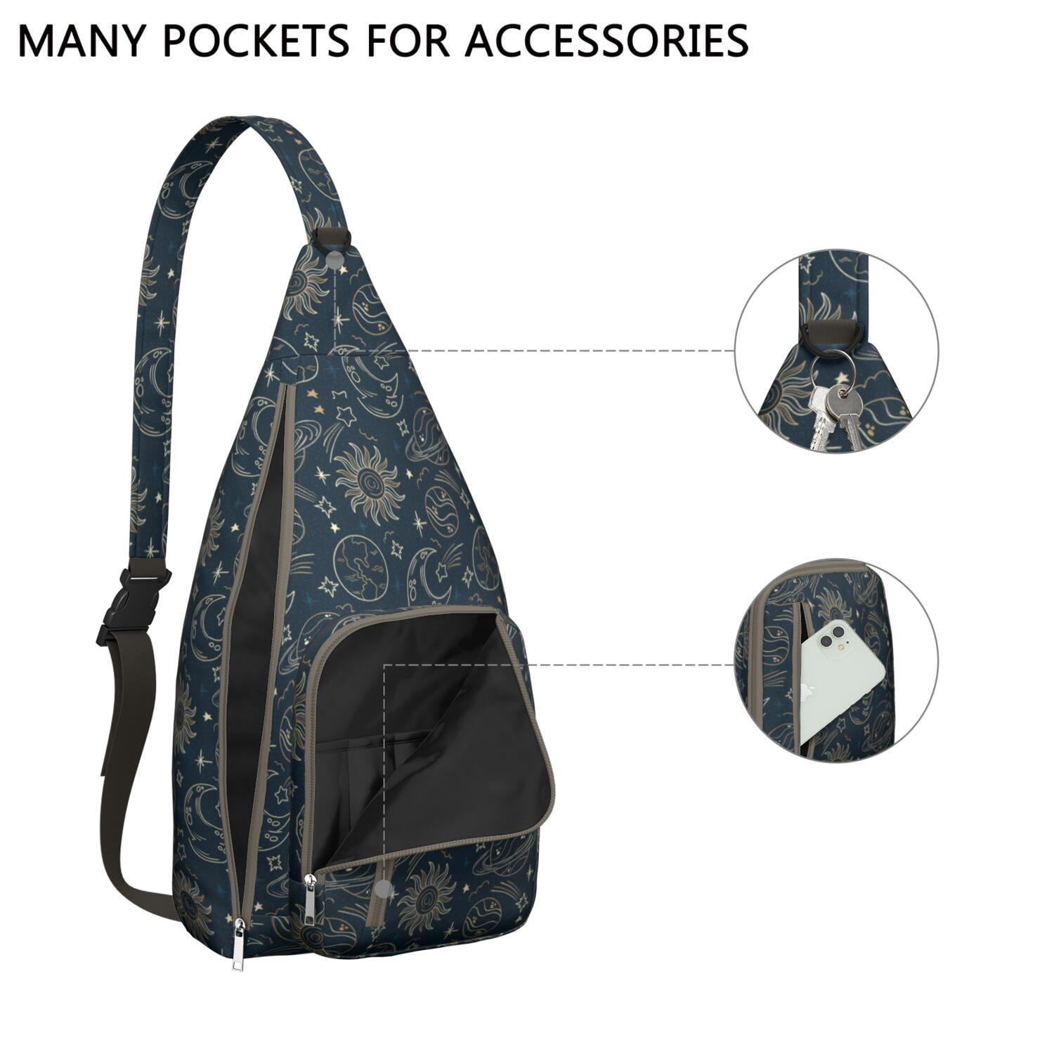 Witchy Sling Bag - Dark Mystical Moon & Stars, Gothic Aesthetic Crossbody Bag, Unisex & Lightweight for Travel