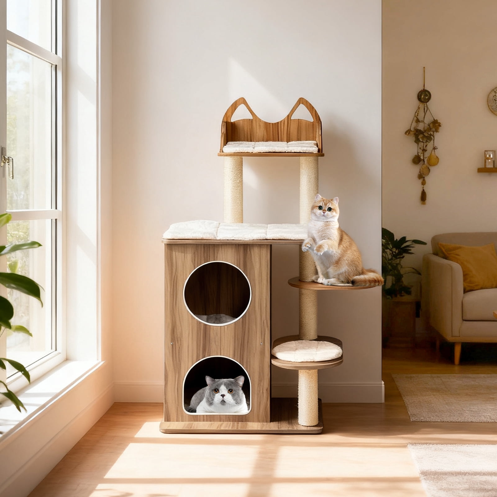 Gymax Wooden Cat Tree 48'' Cat Tower for Indoor Cats w/ 2-floor Condo Cute Top Perch