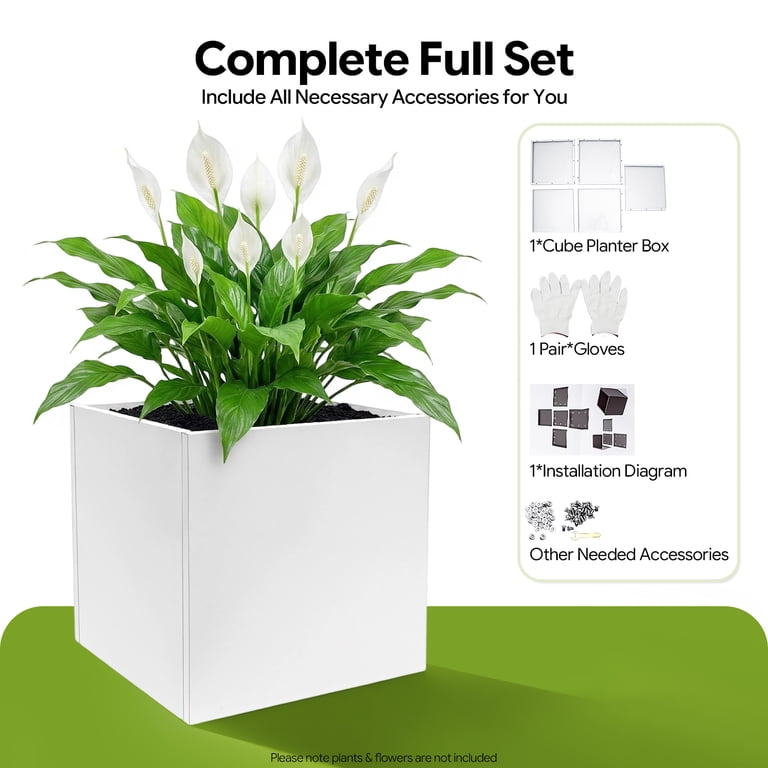 White 24×24×24 Inch Square Metal Cube Planter Box, Rust Resistant Large ...