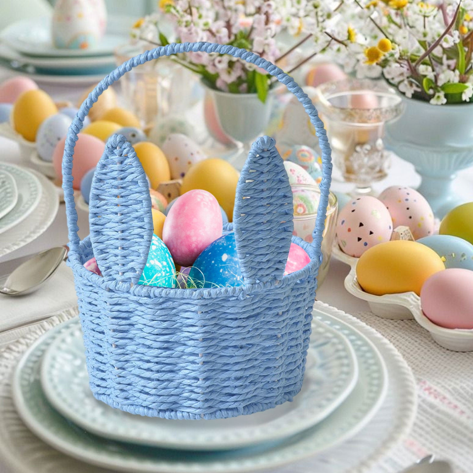 1 Packs Easter Bunny Basket with Long Ears Woven Storage Tote Bag for Easter Eggs Decorations Kids Gift Organizer Home Party Supplies Multicolor 26x20x16cm
