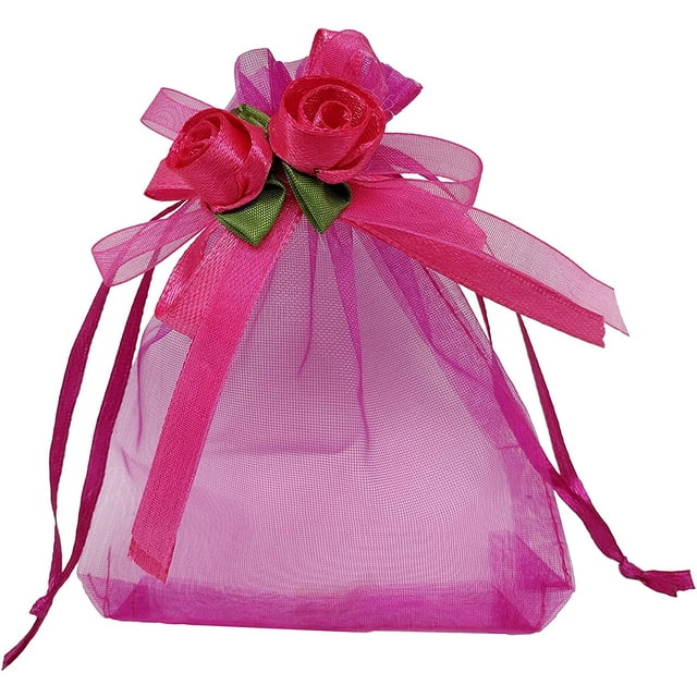 30pcs Sheer Organza Favor Bags for Wedding Gift Bags Samples Display Drawstring Rose Pouches, Hot Pink, 7*9cm