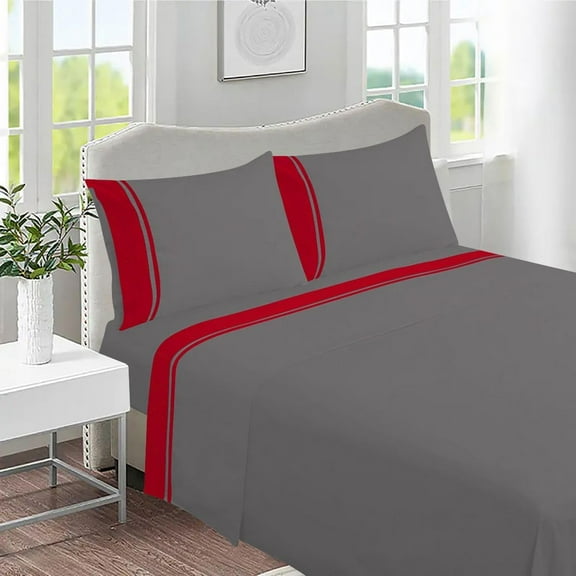 DNG Creations 4 Piece Two Tone Sheet Set 100% Egyptian Cotton, 800 Threads Count - 21 Inch Deep Pocket ( Solid Dark Grey/Red - Twin )