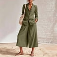 thumbnail image 2 of ZQUUVOU Two Piece Outfit Set for Women Linen V Neck Long Sleeve Button Blazer Shirt Wide Leg Cropped Pants Dress Casual Outfits Olive Green, 2 of 9