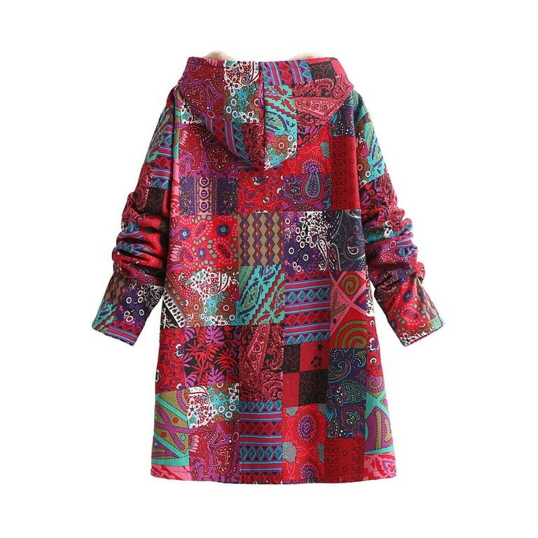 Boho Vintage Patchwork Fleece Jacket for Women Aztec Hooded