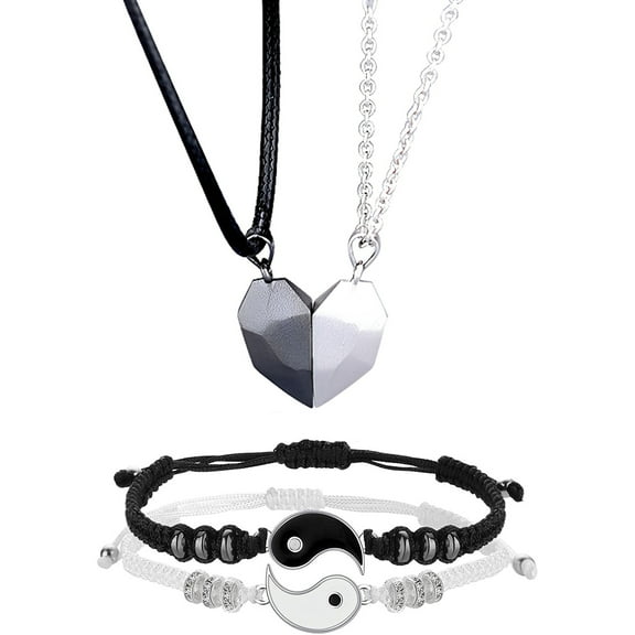 4 pairs of yin and yang friends couple bracelet with necklace set, adjustable waterproof handmade rope relationship bracelet for friendship relationship boyfriend girlfriend