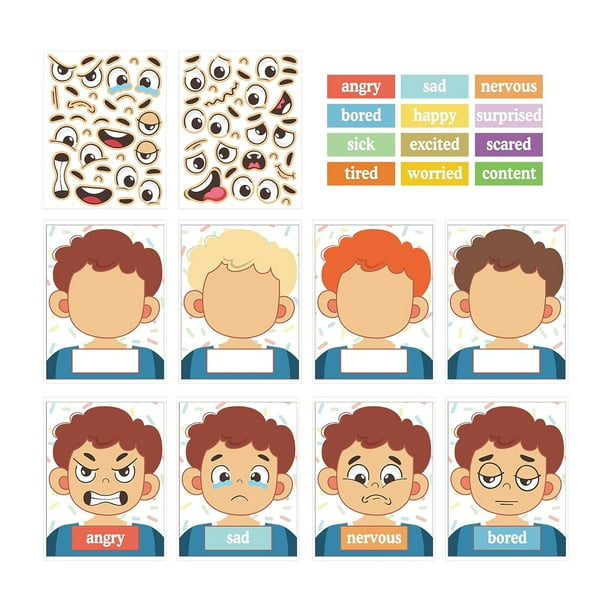 Niños Aprendizaje socioemocional DIY Manualidades Triste Feliz Enojado Expresar Emociones Caras Pegatinas Juegos Caras Juegos para Picnic Viajes