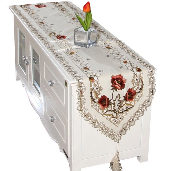 Contemporary Style Table Runner Simple Design Embroidery Flower Tablecloth Floral Runner, Rusty Red, 40x150cm