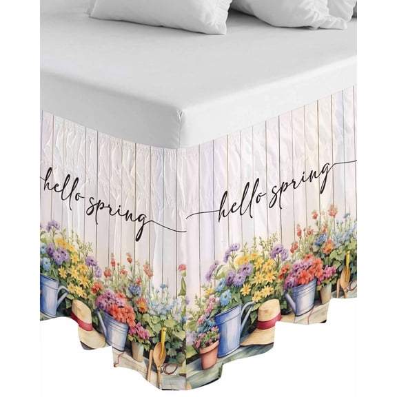 Hello Spring Wrap Around Bed Skirts for King Bed 16" Drop,Bed Skirt with Adjustable Elastic Belt Dust Ruffle Bed Valance for Bedroom Hotel Elagant Summer Floral Botanical Wooden Bed Frame Cover