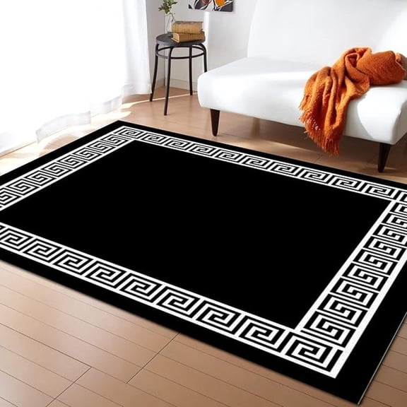 Black White Greek Key Area Rugs, Simple Greek Geometric Print Large Rug, Indoor Non-Slip Kids Rugs, Machine Washable Breathable Durable Carpet For Front Entrance Floor Decor 2x3ft
