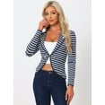 thumbnail image 3 of INSPIRE CHIC Women's Notched Lapel Button Decor Thin Striped Blazer XS Blue, 3 of 6