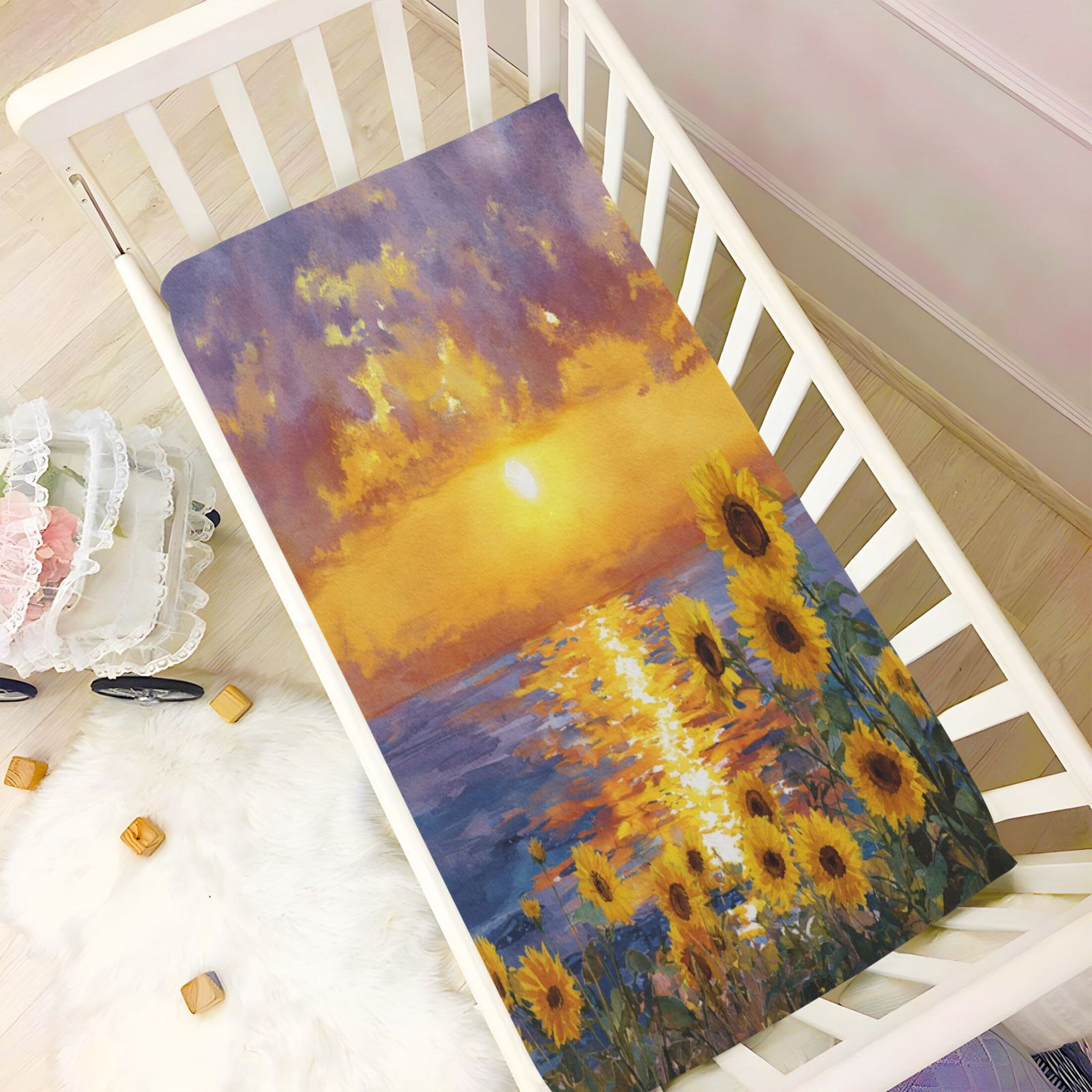 Baby Essentials 52”x 28”- Standard Cotton-like Modal Elastic- Pattern Of Sunflowers Design Crib Sheets for Newborns and Toddlers