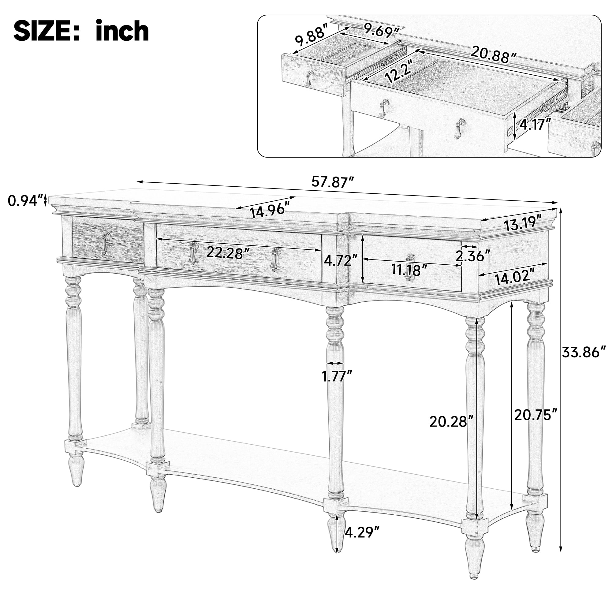 Euroco 57.8" Console Table with 3 Drawers, Narrow Long Sofa Table with Bottom Storage Shelf & Turned Roman Legs, Entryway Table for Living Room, Hallway,White
