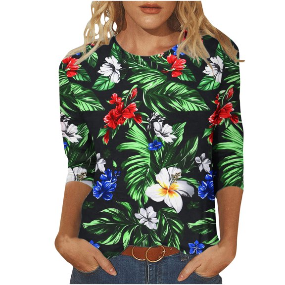 HAPIMO Women' Plus Size Casual Loose Flower Print Tops Elegant Blouses Flowy Round Neck Tees Summer Tops for Women Fashion Clothes Dressy Tunic Multicolor XXXL