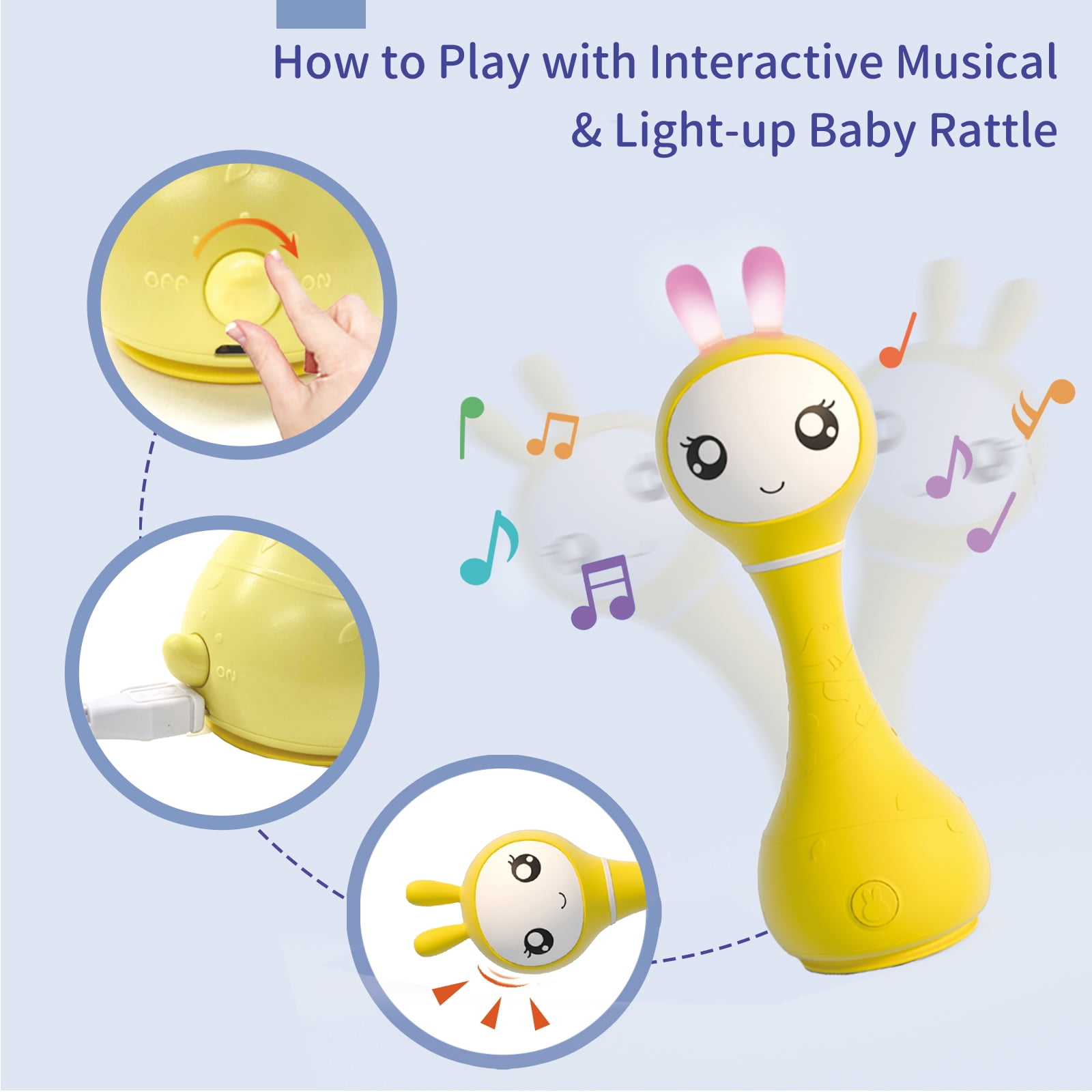 alilo Bunny Baby Rattle Toys - Teether Light-Up Rattles w/ Music Stories Lullabies All-in-one - Encourage Developmental Milestones 0-24 Months for Babies Infants Newborns (Smarty Bunny, Yellow)