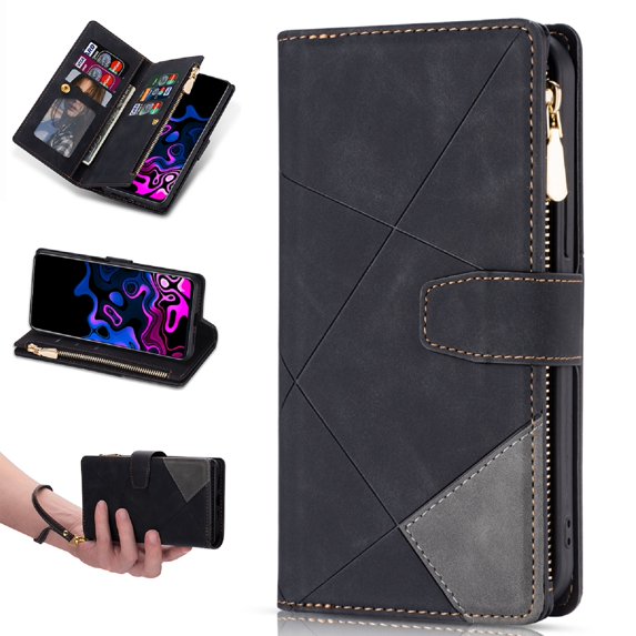 Case for Samsung Galaxy A33 5G Zipper Wallet Case, Large Capacity Card Slots Cash Hoider Zipper Pocket Premium PU Leather Flip Cover with Wrist Strap Magnetic Clasp Kickstand Shockproof Case,Black