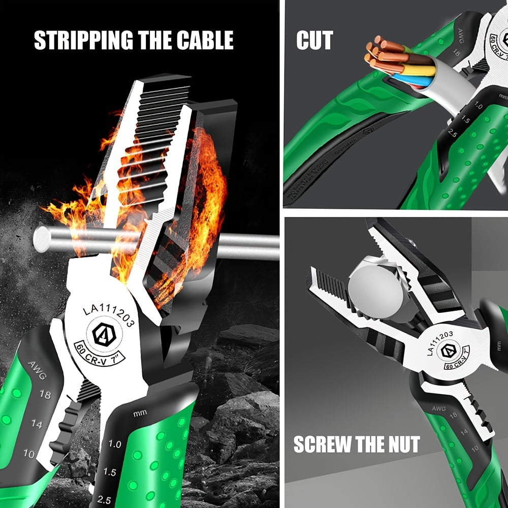 7-Inch Multifunctional Diagonal Cutting Pliers, Needle-Nose Pliers, Long Nose Pliers, Side Cutters, Cable Cutters, Professional Electrician's Manual Tools, Electrical Pliers