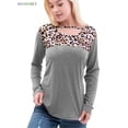 thumbnail image 5 of BadPiggies Women Leopard Print Colorblock Long Sleeve Round Neck Casual Blouses Tops (L, Gray), 5 of 6