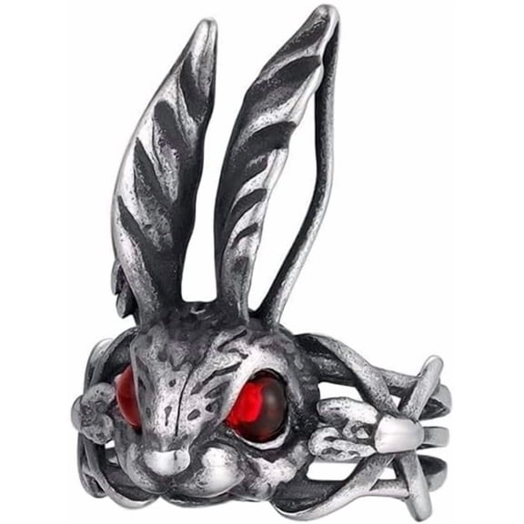 Unisex Stainless Steel Big Ears Red Eyes Bunny Rabbit Animal Ring Chinese Zodiac Symbol