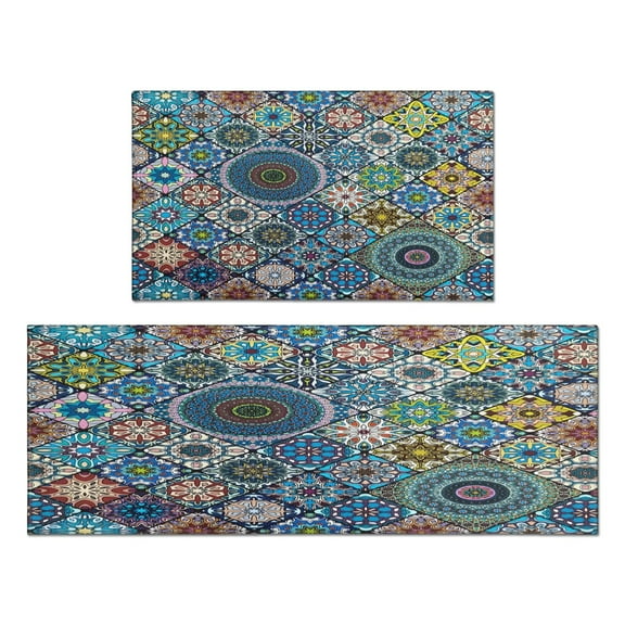 Bohemian Retro Geometric Design Kitchen Rugs and Mats Sets Of 2,Kitchen Decoration Rugs,Rubber Backing Non-Slip Floor Mat for Sink Washable Waterproof Laundry Room Runner Rugs
