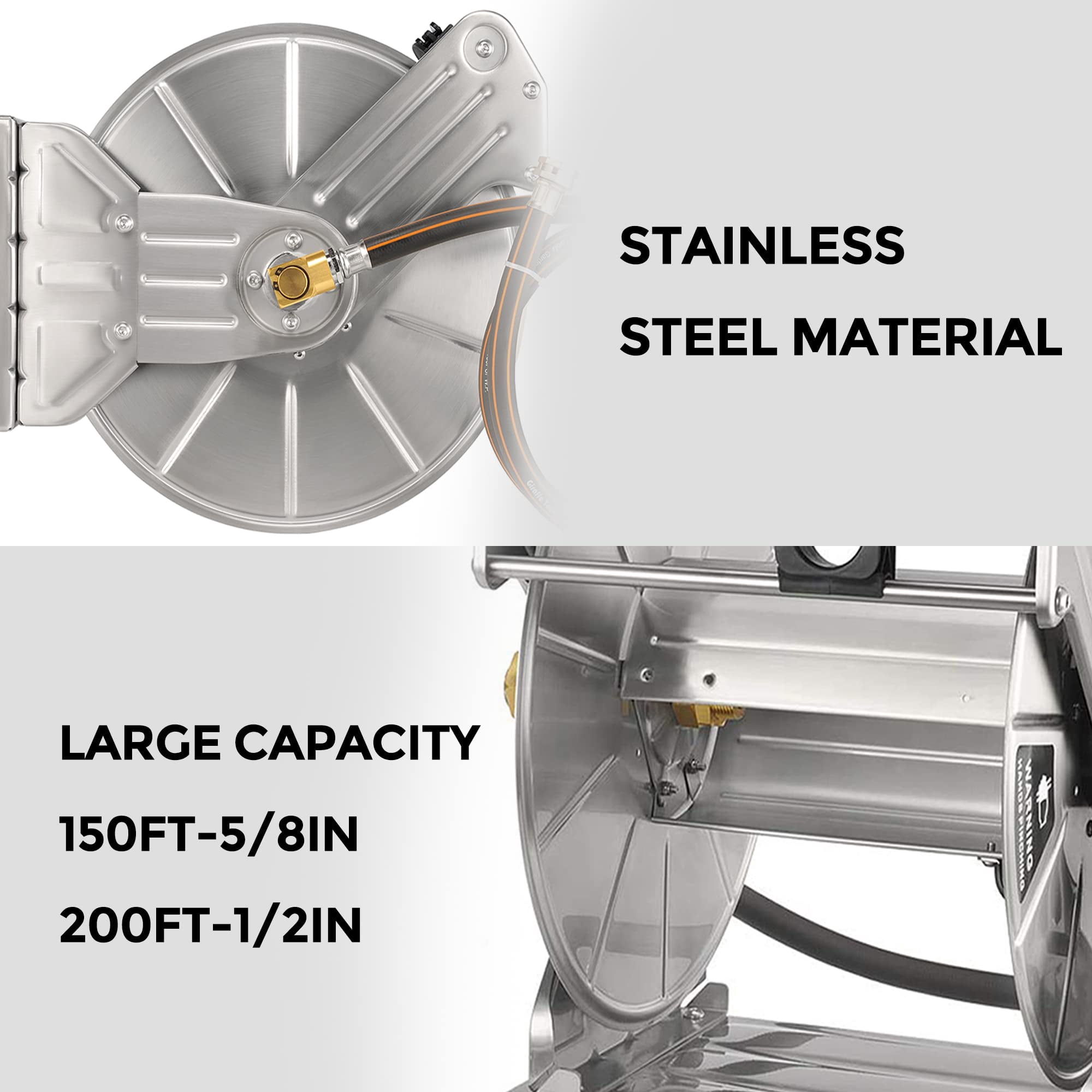 Giraffe Tools Stainless Steel Garden Hose Reel, Heavy Duty, Wall/Floor Mounted with Crank, 5/8in-150ft Hose Capacity