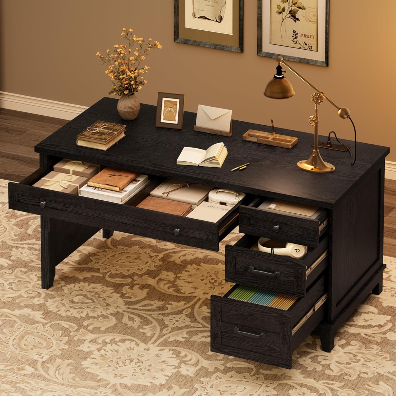 Farmhouse Office Desk with File Drawer, 53.5" Wooden Computer Desk, Executive Computer Desk Workspace for Home