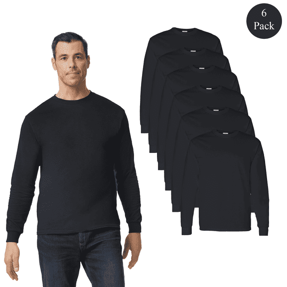 Gildan Long Sleeve Heavy Cotton T-Shirt for Men, Classic Fit Crew Neck Bulk Tee, Black, S, 6 Pack