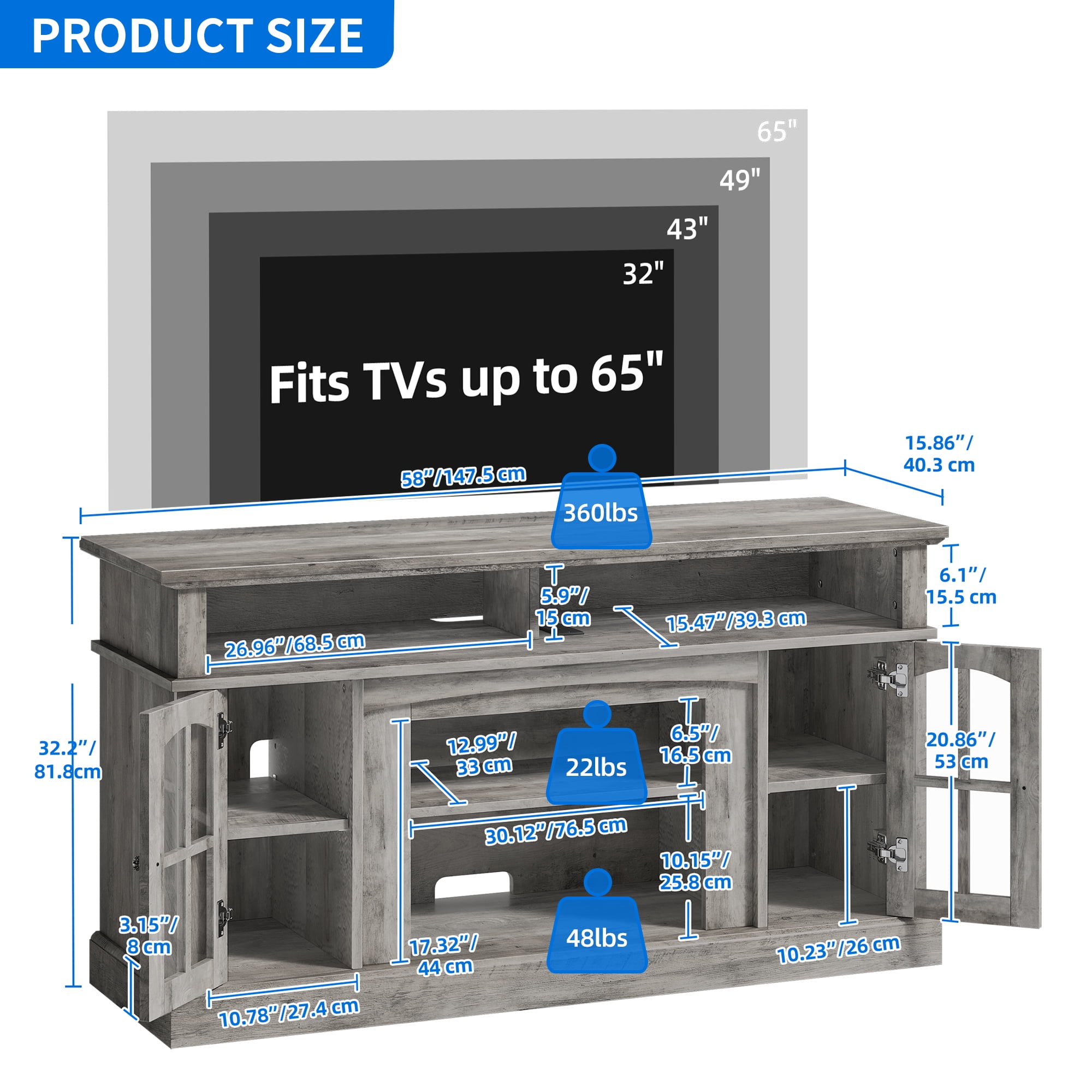 Dextrus Farmhouse LED TV Stand for TVs up to 65'', Wood TV Media Console Entertainment Center for Living Room, Rustic Gray