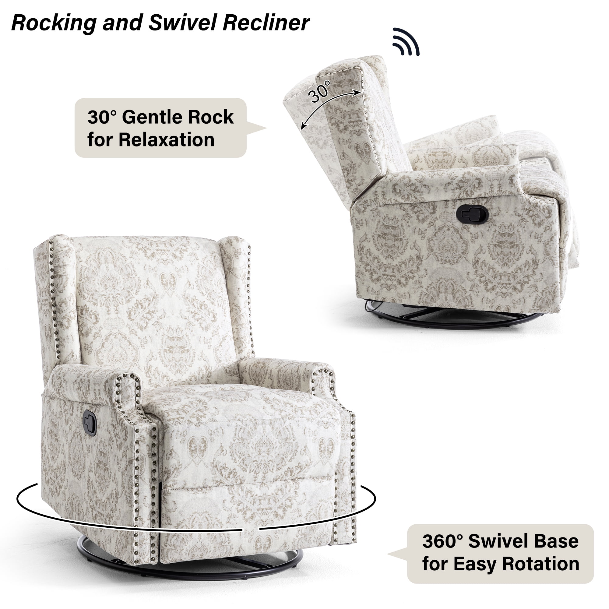 DREAMSIDEA Recliner Swivel Glider Rocker Nursery Chair for Adults, High Back Upholstered Rocking Armchair for Living Room, Manual Reclining Sofa Lounge Chair with Deep Seat in Fabric - Beige