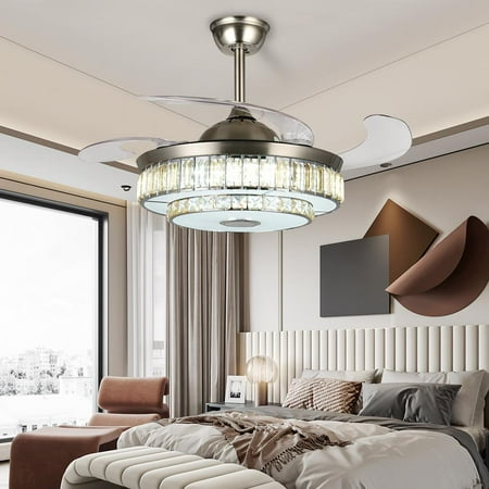 

AFANQI 42 Blurtooth Crystal Chandelier with Fan Remote Control Invisible Ceiling Fan with Light 3 Color 6 Speed LED Pendant Light for Living Room Bedroom