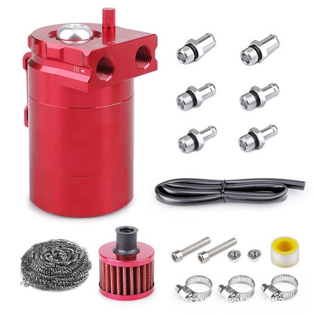 Botella Aceite Modificada para Coche Botella Transpirable Aceite 300 Ml Botella Aceite Gas Escape Con Deflector Aluminio Con Filtro Aire + Tubo + Limpieza (rojo)