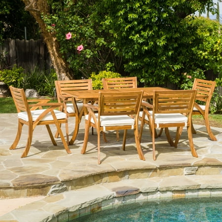 Christopher Knight Home Hermosa Outdoor Acacia Wood 7-piece Rectangle Dining Set with Cushions by  teak