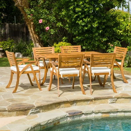 Best Outdoor Wood Christopher Knight Home Hermosa Outdoor Acacia Wood 7-piece Rectangle Dining Set with Cushions by teak finish ()