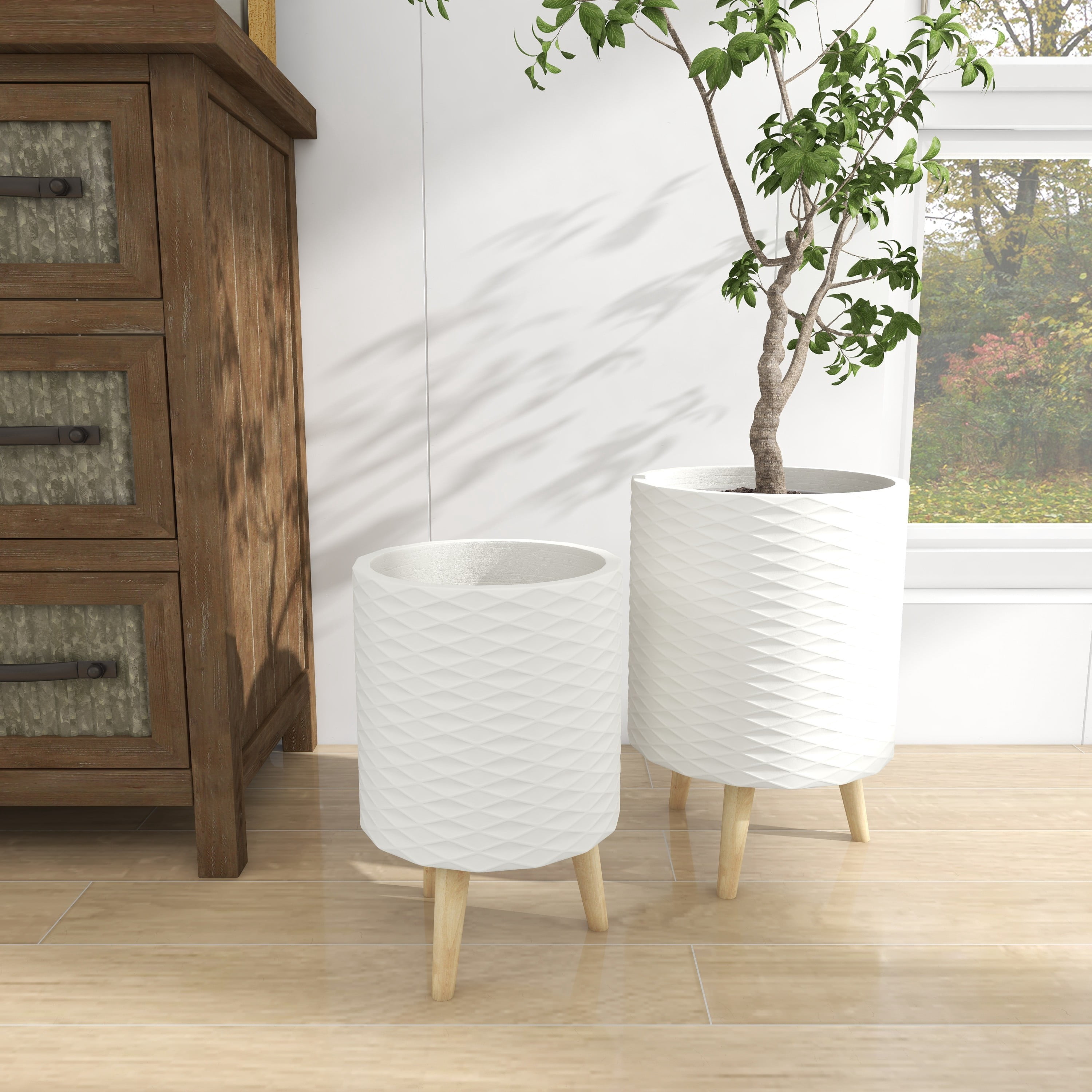 DecMode 18", 15"H Indoor Outdoor White Ceramic Planter with Wood Legs (2 Count)