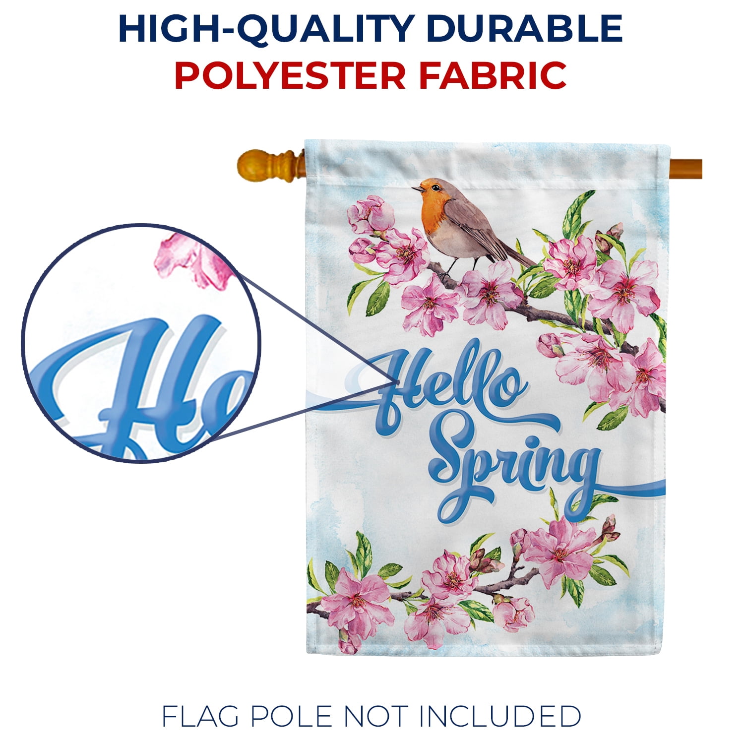 America Forever Hello Spring Tweet House Flag, 28 x 40 inch Double Sided, Seasonal Banner, Robin Cherry Blossoms Flowers Outdoor Decor, Garden Yard Flag