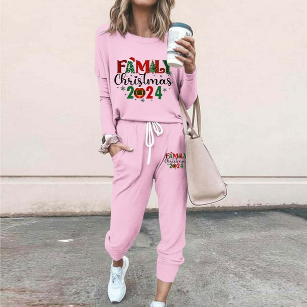 Puntoco Conjunto de pijama cómodo para mujer, con estampado de letras de invierno, cuello redondo, manga larga, pantalones, ropa informal para el hogar