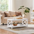 thumbnail image 3 of Fullfurnique 2-Tier Coffee Table with Storage Shelf and X-Design Accent for Living Room, White, 3 of 8