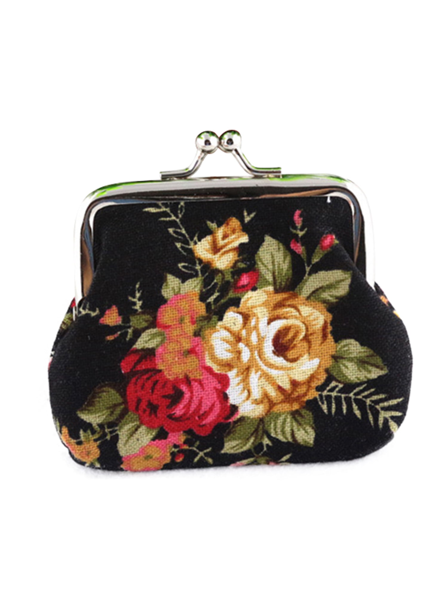 Coin Purse,Lady Vintage Floral Mini Wallet Clasp Closure Classic Rose  Pattern Clutch Bag (Black) (Black)