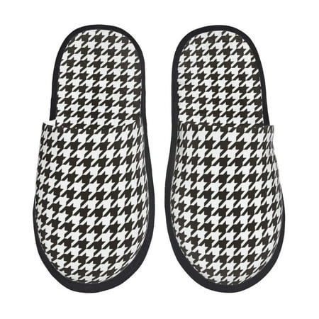 Balery Houndstooth Black And White Slient Indoor Furry Fleece Comfort House Shoes Soft Non-Slip Home Shoes Cotton slippers House Slippers-- Large