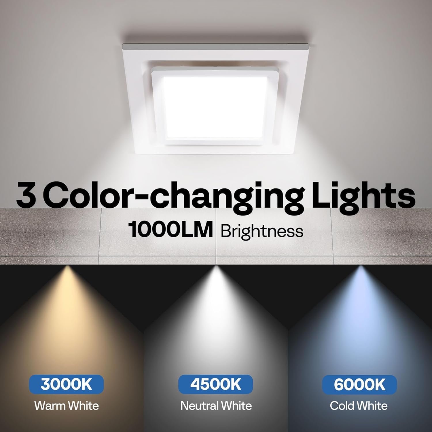 SPECSTAR Bathroom Exhaust Fan with Light, 165CFM Shower Ventilation Exhaust Fan with Adjustable 3000K/4500K/6500K LED Light Combo, Ceiling Mount w/ 4" Duct Hose 2.5 Sones Square Fan, 3 Color Light