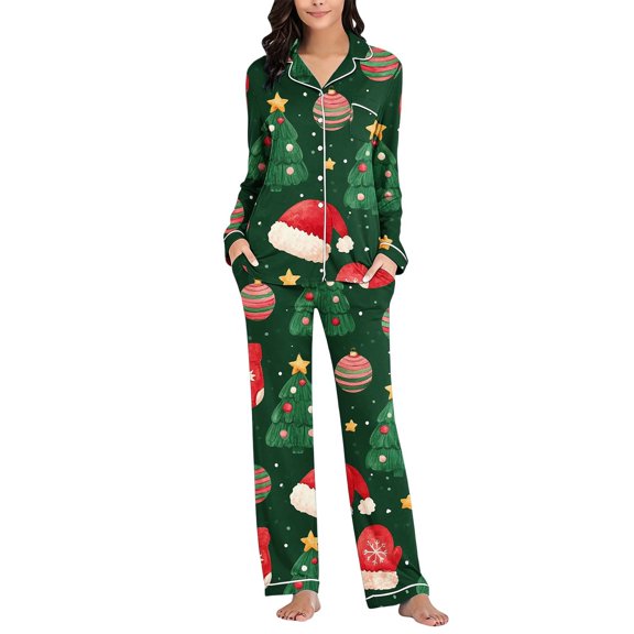 Riecok Long Sleeve Pajama Set for Women Christmas Xmas Tree Printed 2 Piece PJs Sleepwear Button down Shirt and Pant Cozy Loungewear