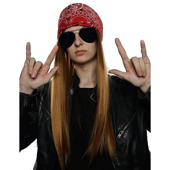 ALLAURA Ensemble Perruque Rock des Années 80 3 Pcs + Bandana + Lunettes de Soleil Perruques Rockstar des Années 80 Costume Rock des Années 80 Punk Rock des Années 90 Perruques Rock pour Hommes pour Axel, Bret, Slash Heavy Metal Compatible avec Costume Axel Rose